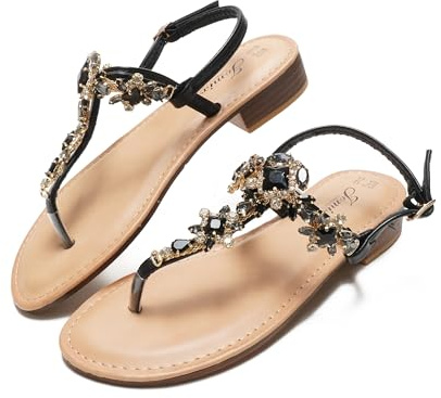 JOMIX Sandali Infradito Donna Estivi Eleganti Sandalo con Strass e Cinturino Regolabile Suola Tacco Piatto Antiscivolo Scarpe Aperte per Vacanze Mare Spiaggia (Nero,38)