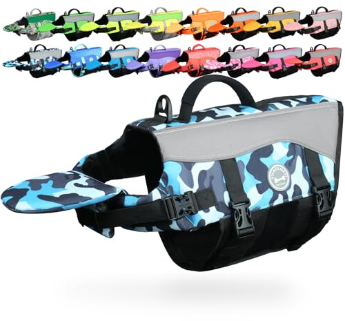 VIVAGLORY Gilet di salvataggio per cani con galleggiabilità anteriore rimovibile, gilet con imbottitura riflettente e imbottitura aggiuntiva per nuoto e navigazione, mimetico blu, S