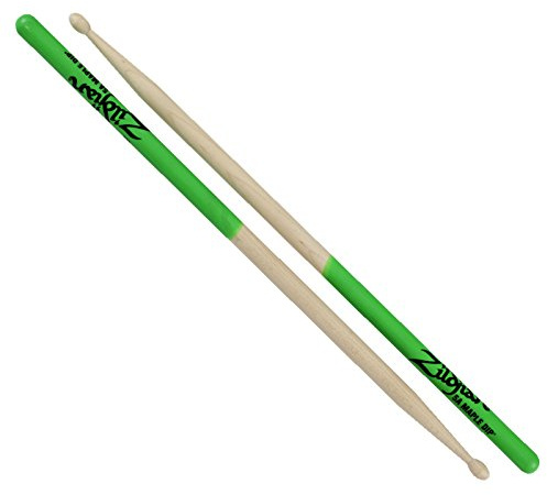 Zildjian 5A Hickory Drumsticks - Wood Acorn Tip - Neon Green