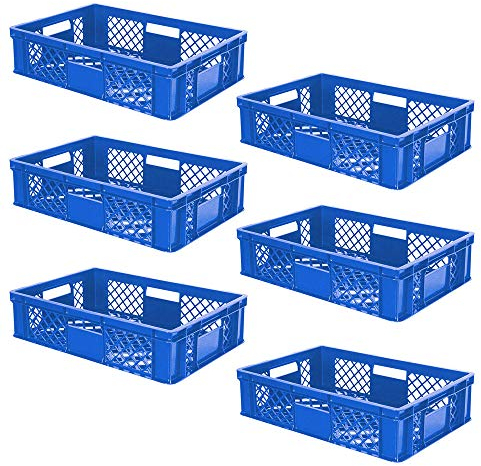 lot de 6 Bac gerbable normes Europe à parois et fonds ajourés - L x l x h 600 x 400 x 150 mm - bleu