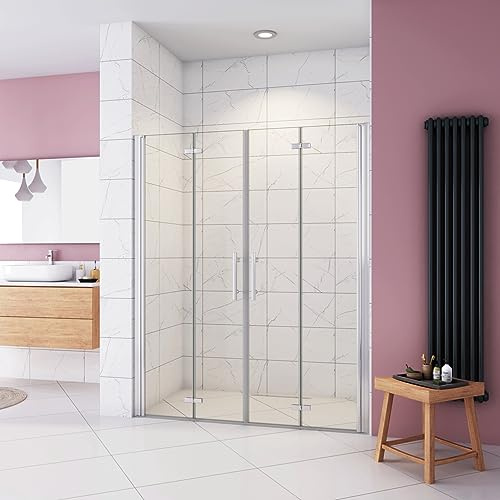 Box Doccia in Linea per Nicchia 195 cm Doppia Porta Battente 4 Ante Pieghevoli Saloon Vetro Temperato 6 mm Anticalcare 155 cm (1518-1558 mm)