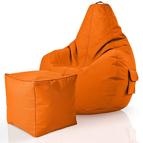 Green Bean© Set de 2: Pouf + Tabourets - remplis - Robustes lavables résistants à la saleté - Enfants & Adultes Bean Bag Coussin de Sol Lounge Chaise Fauteuil Relax Gamer Siège de Gaming - Orange