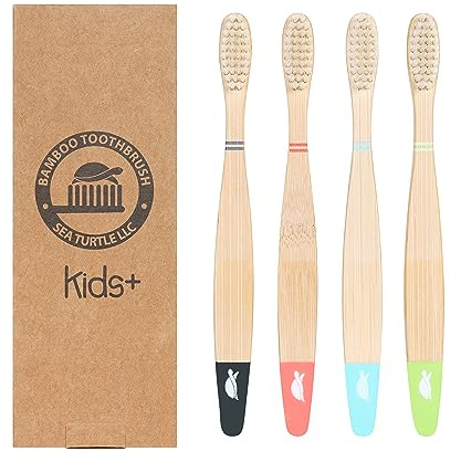 Sea Turtle Plant-Based Bristles, Bamboo Toothbrushes, Soft Natural Toothbrush for Kids (4 Pack)