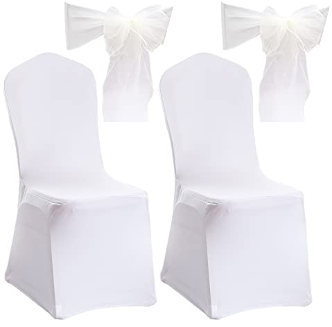 Zasvec Stuhlhussen Weiss 2 Stück Universell Stuhlbezug Husse Hochzeit Stretch Stuhlüberzug Weiße Spandex Stuhlhussen für Esszimmerstühle mit 2 Beige Schleifen für Hochzeit, Bankett und Party