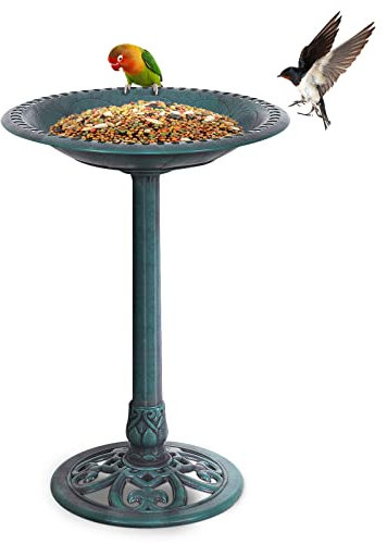 GOPLUS Mangeoire Oiseaux Extérieur, Plateau φ50CM, Abreuvoir Oiseaux Hauteur 72CM, Bain d'oiseaux en PP sur Pied, Base Remplissable, Design Antique, Bronze Vert