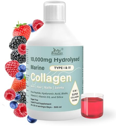 NUTRI Beauties Hydrolysed Marine Collagen Liquid Drink Supplement 10,000Mg + Hyaluronic Acid, Biotin, Vitamin C, D for Hair, Skin,Nails, Joints, 500ml
