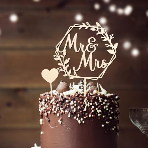 BETESSIN Hochzeitstorte Deko Holz - inkl. Mr und Mrs Tortenstecker und 1 Herz Cake Topper zum Beschriften - Personalisierte Kuchendekoration für Hochzeiten, Verlobungen, Hochzeitstage uvm.