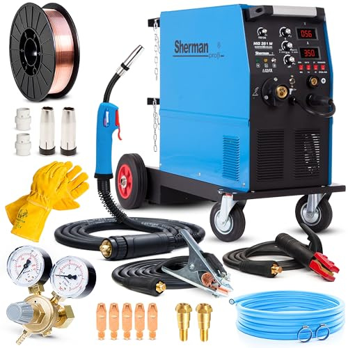 Sherman MIG 351M 4R - Saldatrice a Filo Continuo con Gas da 350A 400V - Saldatrice Inverter Professionale con Carrello e 4 Rulli - Saldatura: MIG/MAG, MMA, Saldobrasatura - Set Basic
