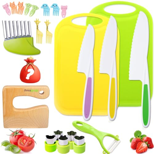 Doaizer Kids Knife Proof Kitchen Tools for Toddlers Real Cooking Sets - Kids Safe Knives Set with Plastic Toddler Safe Knife Fruit Vegetable Crinkle Cutter Kids Cutting Board
