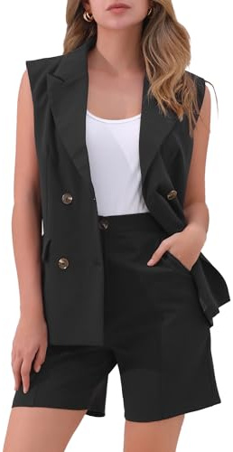 Allegra K Tenues d'Été 2 Pièces Femmes Blazer Croisé sans Manches avec Short Gilet de Costume à Double Bouttonnage Ensembles Tailleurs-Pantalons Courtes Noir XL