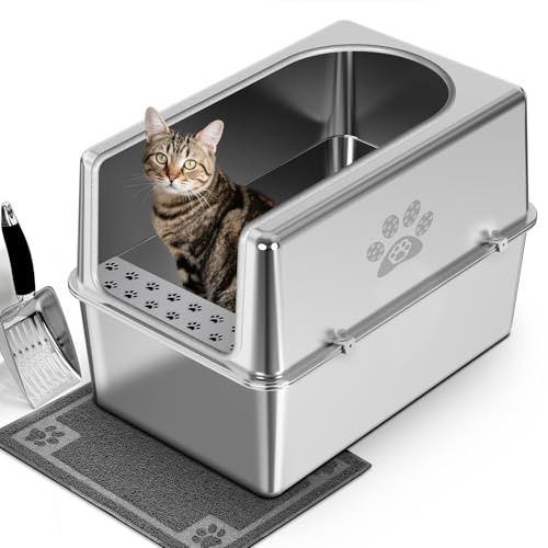 PTLOM Enclosed Food Grade Stainless Steel Cat Litter Tray Box with Lid & Mat & Scoop - Extra Large, High Side, Rounded Edges, Rust-Proof, Non-Stick, Leak-Proof, Odor-Lock for Big & Multiple Cats