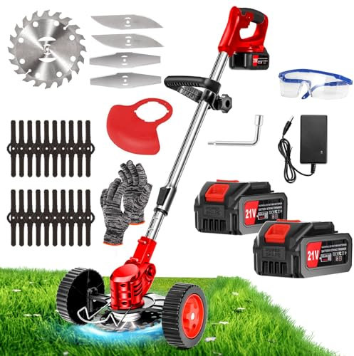 Desbrozadora a batería de 21 V, cortabordes a batería, cortabordes eléctrico con 2 baterías de 4,0 Ah y 4 tipos de cuchillas, ruedas extraíbles, desbrozadoras de jardín para césped, arbustos