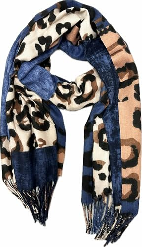 Jeamis XXL Leopard Farbverlauf Herbst Schal Winter Schal Stola Tuch Übergangsschal Wolle Baumwolle mit Fransen Leo (Blau)