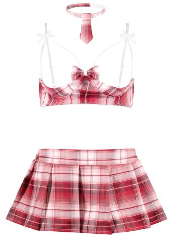 KFLY Women's Sexy Lingerie Set Naughty Cosplay Uniform Costume Quarter Cups Mini Tartan Fancy Dress Hollow Out Push Up Bra and Panty Set Babydoll Teddy Nightwear Sleepwear (red, One Size)