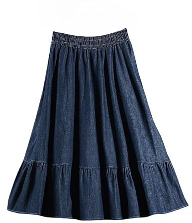 OVJENTSK Jupe Midi Évasée en Jean Taille Haute Élastique pour Femme, Ourlet À Volants, Légère, Respirante, Longueur Genou, Décontractée, pour L'Été, Idéale Au Quotidien