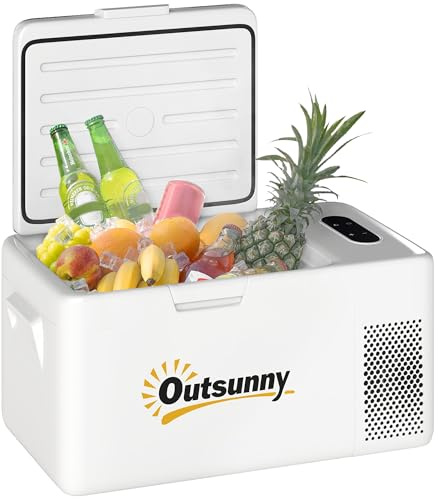 Outsunny Nevera Portátil Eléctrica 16,8L Refrigerador de Coche 12/24/220V con Compresor Luz LED Pantalla Digital Modos ECO y MAX de -20℃ a +20 ℃ Puerto USB para Hogar Camping Viajes Automóvil