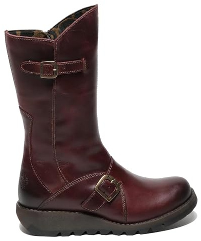 Infinity Leather Botas FLY Para Mujer, Color Vino, con Plataforma, Cremallera y Tacón de Cuña, Hebilla y Media Pantorrilla de Cuero.