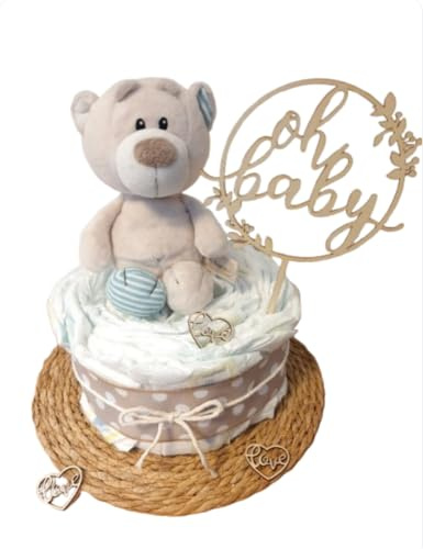 Windeltorte mit süßen Teddy/handgemachte Windeltorte/Made in Germany/mit schönen Zubehör/Baby Geschenk/Geschenk zur Geburt