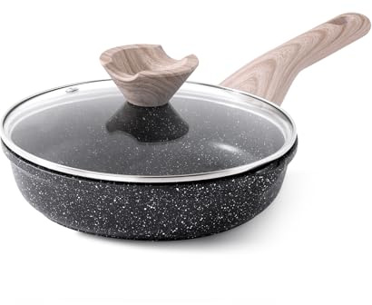Kordisen Sartén antiadherente con tapa, sartén de inducción de granito de 20 cm, antiadherente, saludable y no tóxica, sin PFOA