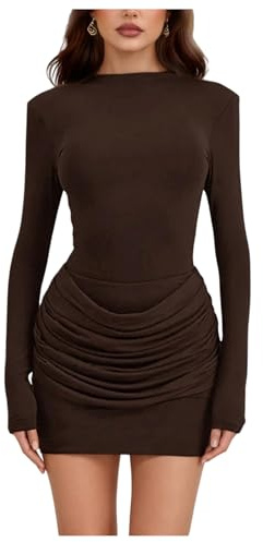 GORGLITTER Women's Elegant Ruched Slimming Dresses Long Sleeve Crewneck Pencil Mini Date Night Dress Brown Small