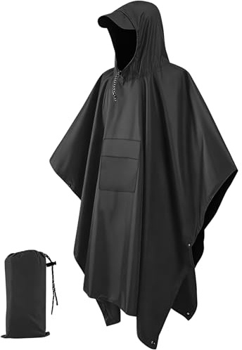 Infreecs Waterproof Rain Cape Raincoat, Rain Poncho for Outdoor Camping Military Cycling Traveling, Hooded Rainwear with Emergency Grommet Corners for Shelter Use Black