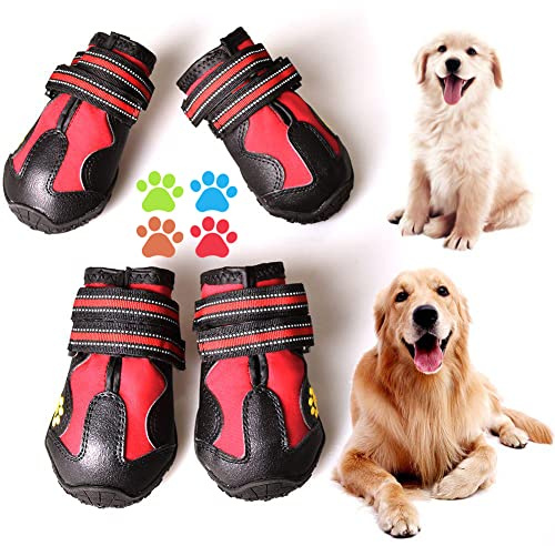CovertSafe& Dog Boots for Dogs Non-Slip, Waterproof Dog Booties for Outdoor, Dog Shoes for Medium to Large Dogs 4Pcs with Rugged Sole Black-Red