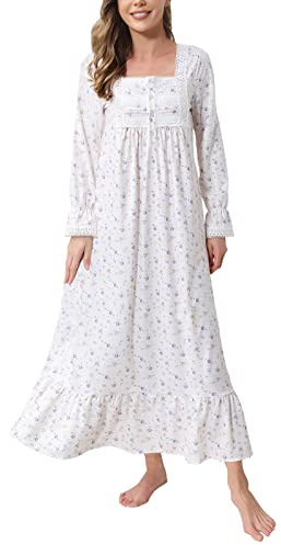 Rubehoow Camicia da notte vittoriana a maniche lunghe da donna, abito da pigiama vintage in morbido cotone con tasche, XL