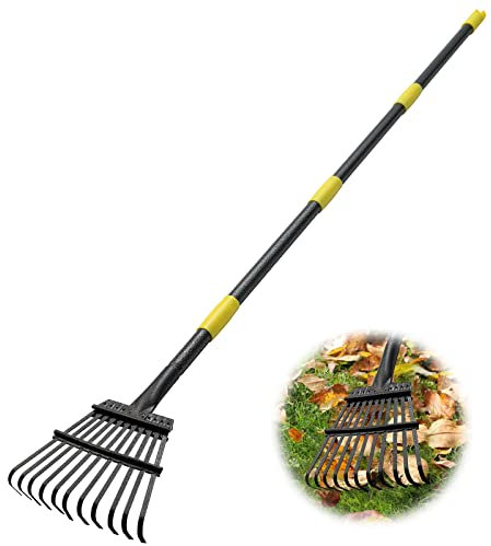 188 cm justerbar trädgårdskratta, kraftig liten kratta för buske med 11 metallpinnar, gårdskratta med ergonomiskt handtag för att plocka upp blad, gräsklipp, skräp och mer