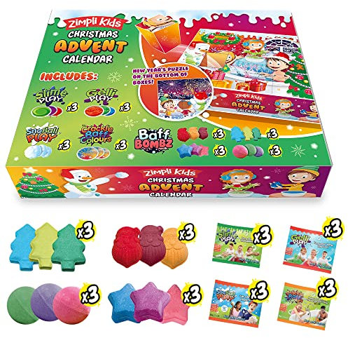 ZIMPLI - Christmas Advent Calendar, 24 Gifts, 12 x Bath Bombs, 3 x Slime, 3 x Gelli, 3 x Sno, 3 x Crackle, Xmas Countdown Present for Kids