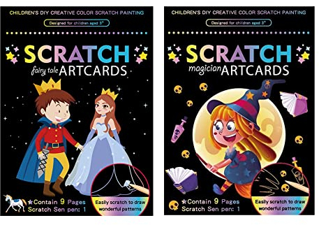 Kratzbilder Set für Kinder: 9 Kratzmotive mit tollen Farbeffekten, Verschiedene Themen wie Tierwelt, Einhörner, Piraten, Dinosaurier, Meerjungfrauen (Märchen+Zauberin)