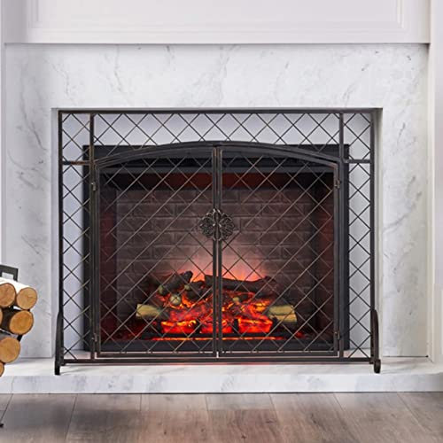 INKCOR Funkenschutzgitter Antik-Bronze-Kaminschutztür – Einteiliger Funken-Flammenschutz für Portikus-Kaminbereiche/Wohnzimmer, 100×80cm