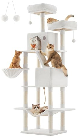 Feandrea Cat Tree, 206 cm Large Cat Tower Condo with 13 Scratching Posts, 1 Scratching Ramp, 2 Perches, 2 Caves, Basket, Hammock, Pompoms, Cream White PCT190T01V1