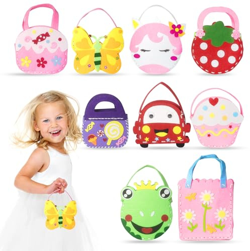 OPUHOHR 9 PCS Sewing Kit for Kids, DIY Purse Sewing Kit, Kids Sewing Crafts Supplies, Learn to Sew Unicorn Purse Bags DIY Felt Craft Kits Toddler Gifts