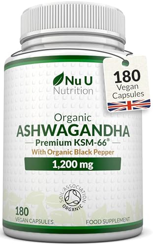 Organic Ashwagandha KSM-66® 1200mg - 5% Withanolides - 180 Vegan Capsules - High Strength Ashwaganda with Black Pepper - Soil Association Certified - Made in the UK - Nu U Nutrition