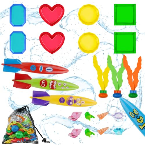 OSDUE 24pcs Jouets de Plongée Piscine, Fusée, Algues, Pierres Précieuses, Jouets de Natation Jouet sous Eau été Jeux, Jouets de Natation Piscine pour Adultes Enfants L'entraînement sous-Marin