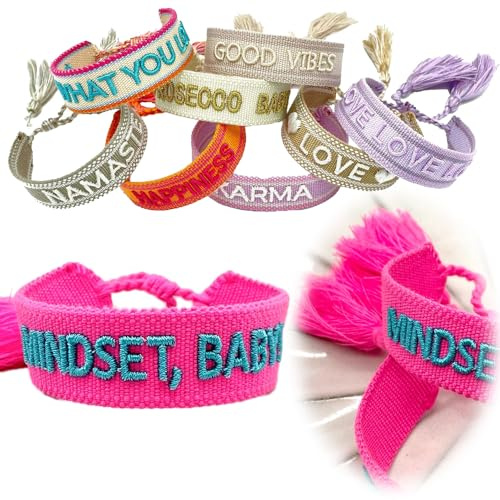 LS-LebenStil Exklusives Statement Armband - das Original - Mindset Baby Pink Türkis 16-20cm Quasten besticktes Boho Canvas Webarmband Damen Freundschaftsarmband Geschenk gewebt textil Stoffarmband