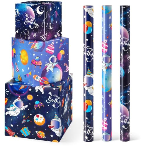 WERNNSAI Rollos de papel de regalo espacial – 3 rollos 43 cm x 3 m papel de regalo de feliz cumpleaños