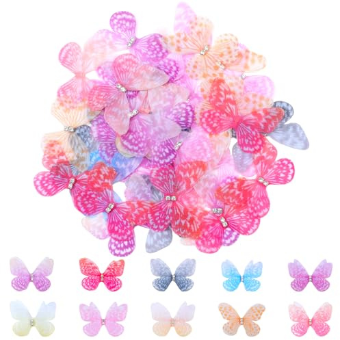 Ymapinc 60pcs Silk Butterflies for Crafts, 3D Butterfly Applique Fabric Silk Lace Tulle Ribbon Small Decorations for Fairy Women Hair Accessories, Mini Tiny Soft Hairpins Brooches DIY Photo Props