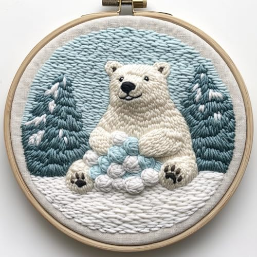 Punch Needle kit for Beginners, Sitting Polar Bear with Snowball Motif, Punch Stitching kit for Adults, Needle Punch Kits for Adults, Holiday Stitching Set