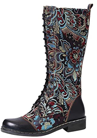 Generisch Bottes de combat à lacets pour femme - Bottes en cuir vintage - Bottes d'équitation - Bottes d'équitation pour femme - Bottes hautes - Bottes longues - Automne et hiver - Bottes de travail