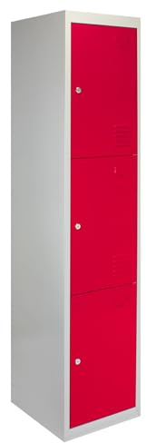 Monster Shop 3 Door Metal Storage Lockers, Flatpacked Red & Grey Steel Lockable Unit, Gym Changing School Staff