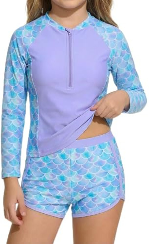 JiAmy Traje de baño para niña de dos piezas de manga larga Rashguard con pantalones cortos de media cremallera traje de baño deportivo con estampado para niños niñas de 3 a 12 años, azul sirena, 9-10