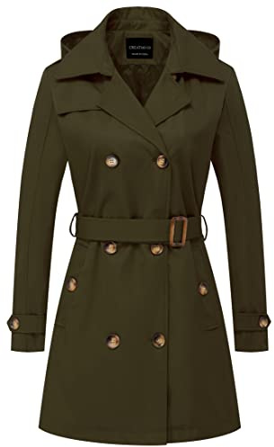 CREATMO US Gabardina para mujer con doble botonadura, solapa clásica, con cinturón, abrigo delgado con capucha desmontable, Verde militar, XS