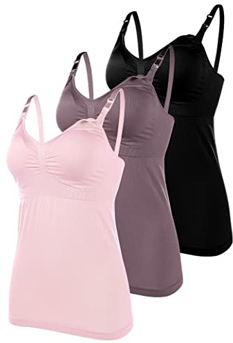 AOOPOO 3er-Pack Schwangeren-Unterhemd, Damen-Baumwoll-Still-Tank-Top, Umstands-Unterhemd zum Stillen, Frauen-Still-Unterhemd mit langem Oberteil ohne Stahlring mit Polster-Vorderschnallen-Fütterung