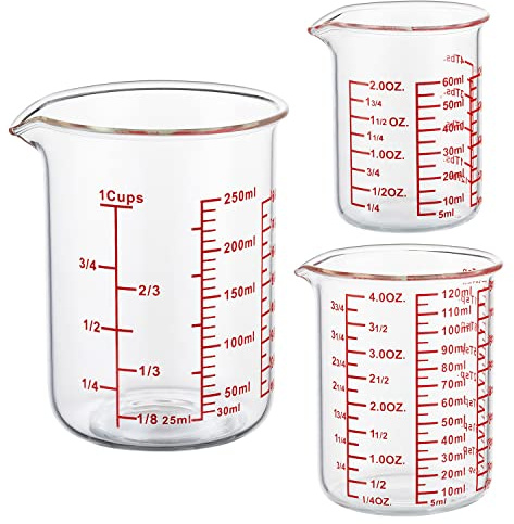 Ackers High Borosilicate Glass Measuring Cup Set with Pour Spout,60ml(2OZ),120ml(4OZ), 250ml(8OZ) Glass Measuring Beaker for Kitchen or Restaurant, Easy to Read