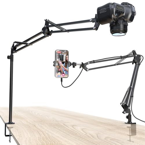Overhead Camera Mount, 5lb Horizontal Load-Bearing, 360° Adjustable Stand for Desk, Flexible with Phone Clamp, Tabletop Mount for DSLR Camera/Webcam/Microphone(Black)