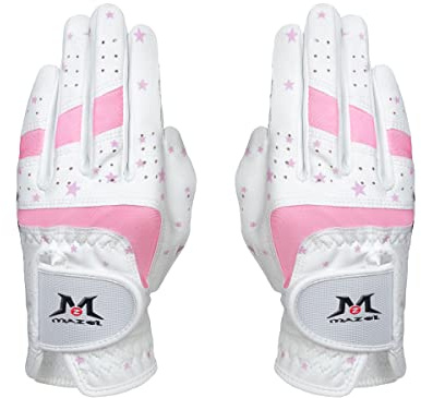 MAZEL Kids Golf Gloves for Youth Toddler Boys Girls, Right & Left Hand (1 Pair) Mircofiber Breathable Junior Golf Gloves, White Red Pink Blue Black Stars Color,Age 3-8 (Black Stars-Pink, M(Age 5-6))