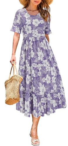 STYLEWORD Women Summer Dress Floral Short Sleeve Ladies Casual Swing Midi Dress with Pockets(Floral-O,X-Large)