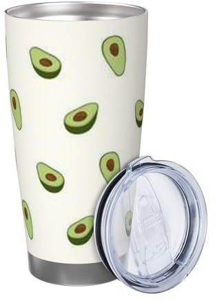 ZaKhs Isolierbecher mit Avocado-Druck, 590 ml, mit Deckel und Strohhalm, Kaffeebecher, Edelstahl, Reisebecher für Damen und Herren
