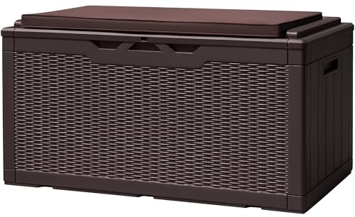 Devoko 100 Gallon Deck Box, Waterproof Resin Outdoor Storage Box with Cushion for Outside and Patio, Large Outdoor Storage Bench Cabinet Lockable for Patio Furniture and Garden Tools (Deep Brown)